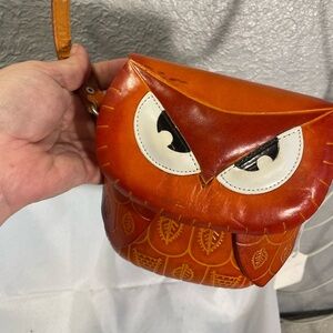 Owl Motif Leather Crossbody Bag - Brown
